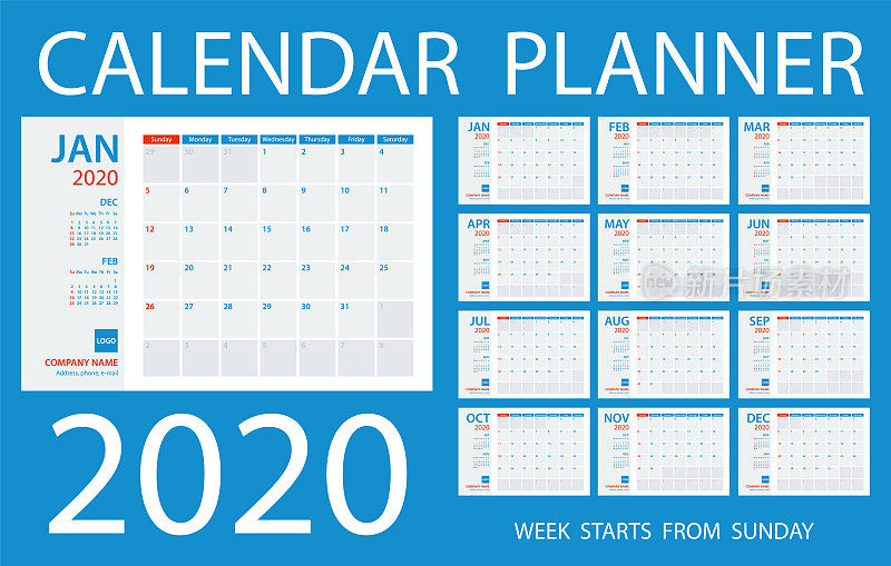 日历计划2020 -矢量模板。星期日开始上班